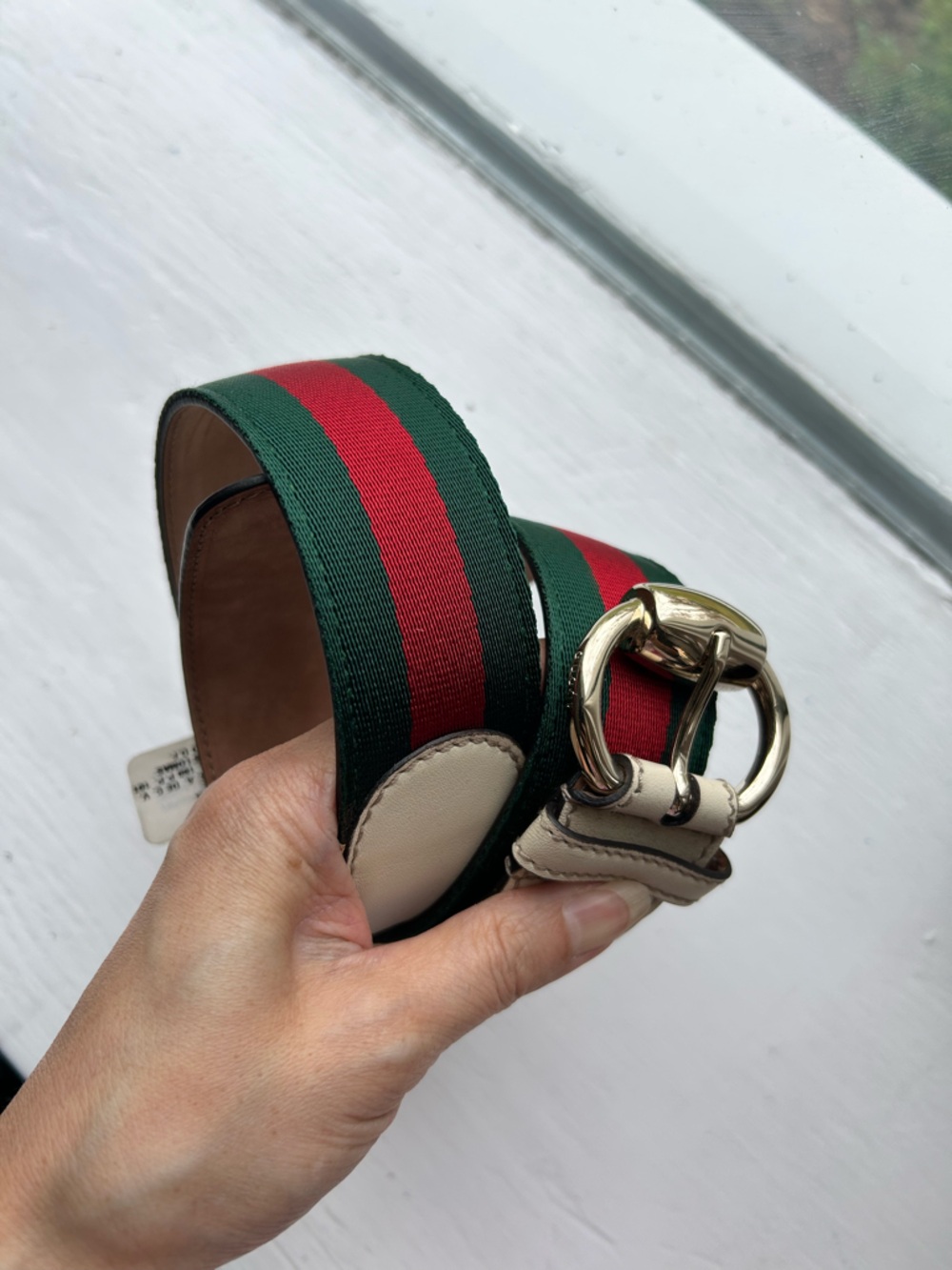 NWT Authentic Gucci Signature Web-Paneled Leather Belt Size 85 Green Red White